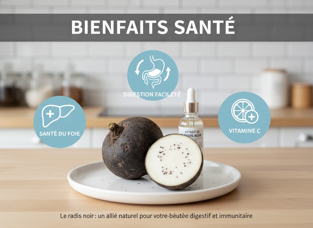 Infographie présentant un radish noir frais entouré d'icônes médicales pour la santé du foie, la digestion et la vitamine C, avec un arrière-plan de cuisine doux et le texte 'BIENFAITS SANTÉ' en superposition.