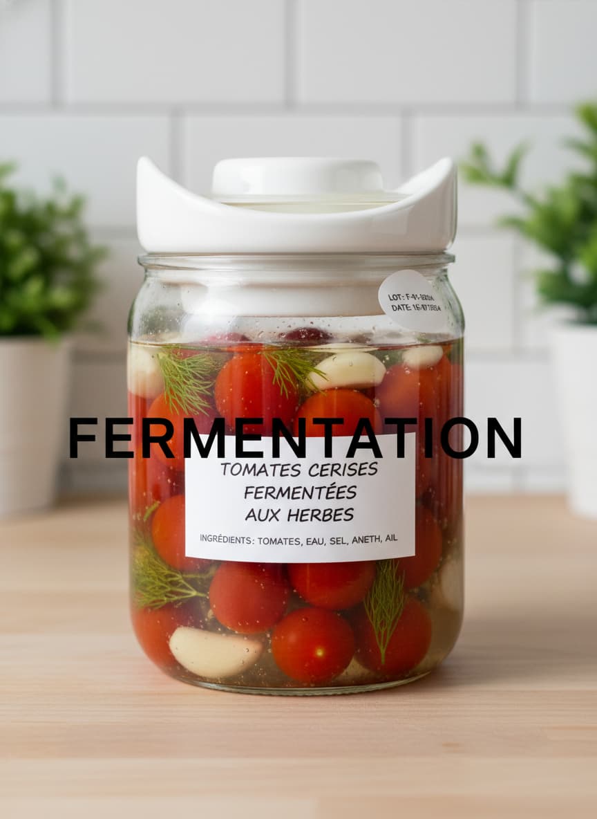Un bocal en verre esthétique avec couvercle en céramique blanche et joint d'eau, contenant des tomates cerises dans une saumure verdâtre avec des herbes et de l'ail.