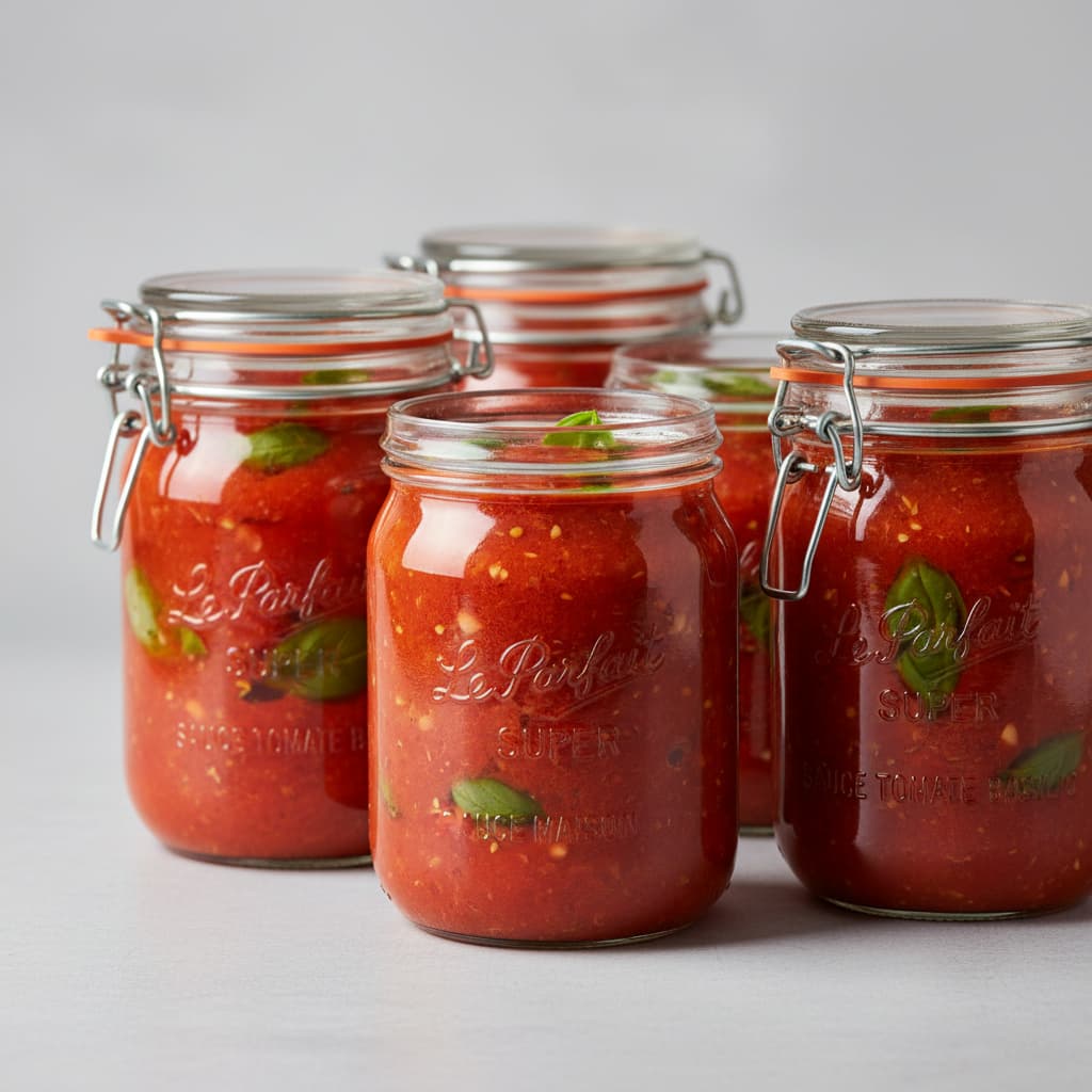 Deux bocaux en verre Le Parfait Super avec joint orange, remplis de sauce tomate rouge et de feuilles de basilic frais, sur fond clair.