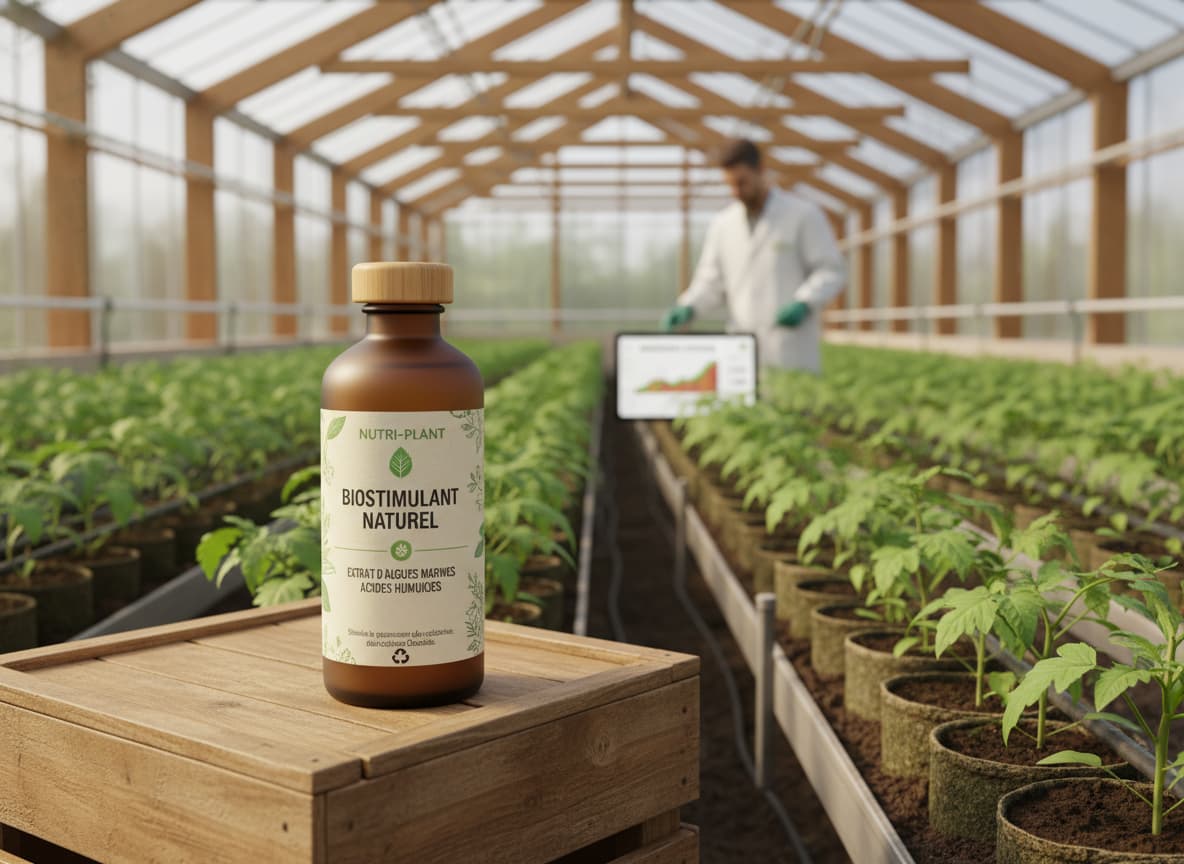 Flacon de biostimulant Lactopi Start posé dans une serre professionnelle entouré de plants de tomates.