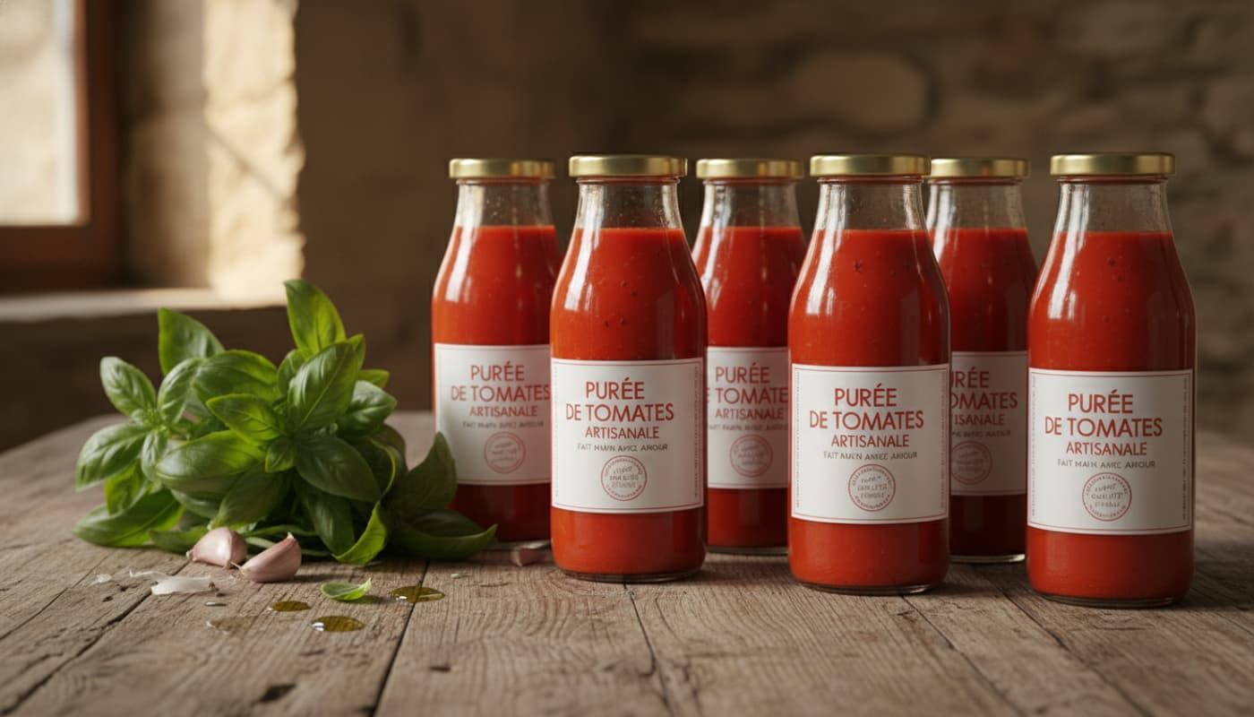 Une rangée de bouteilles en verre remplies de passata de tomate rouge posées sur une table en bois rustique, entourées de basilic frais et d'ail, dans un style photographique culinaire méditerranéen chaleureux.