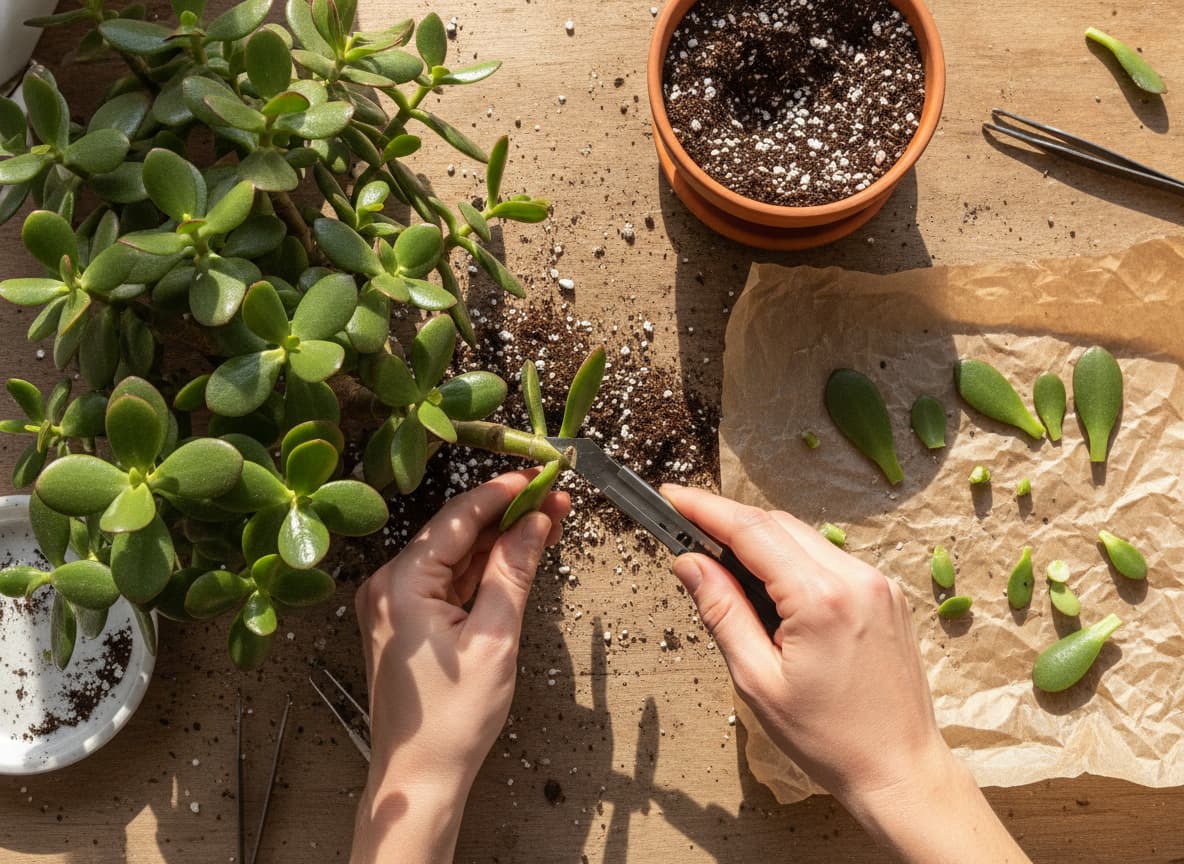 Des mains coupent une tige d'arbre de jade avec un couteau à côté de boutures sur du papier sulfurisé et d'un pot de terreau.