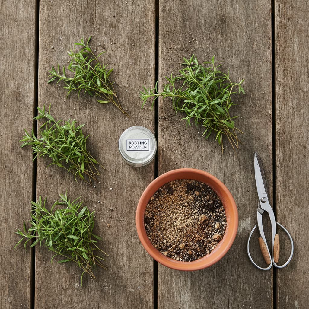 Vue de dessus d'un étalage de boutures d'Iberis sempervirens sans feuilles inférieures, avec des ciseaux de jardinage propres, un pot en terre cuite rempli de substrat sableux et un petit pot de poudre d'hormone de bouturage, sur un établi en bois rustique sous une lumière du jour douce et diffuse.