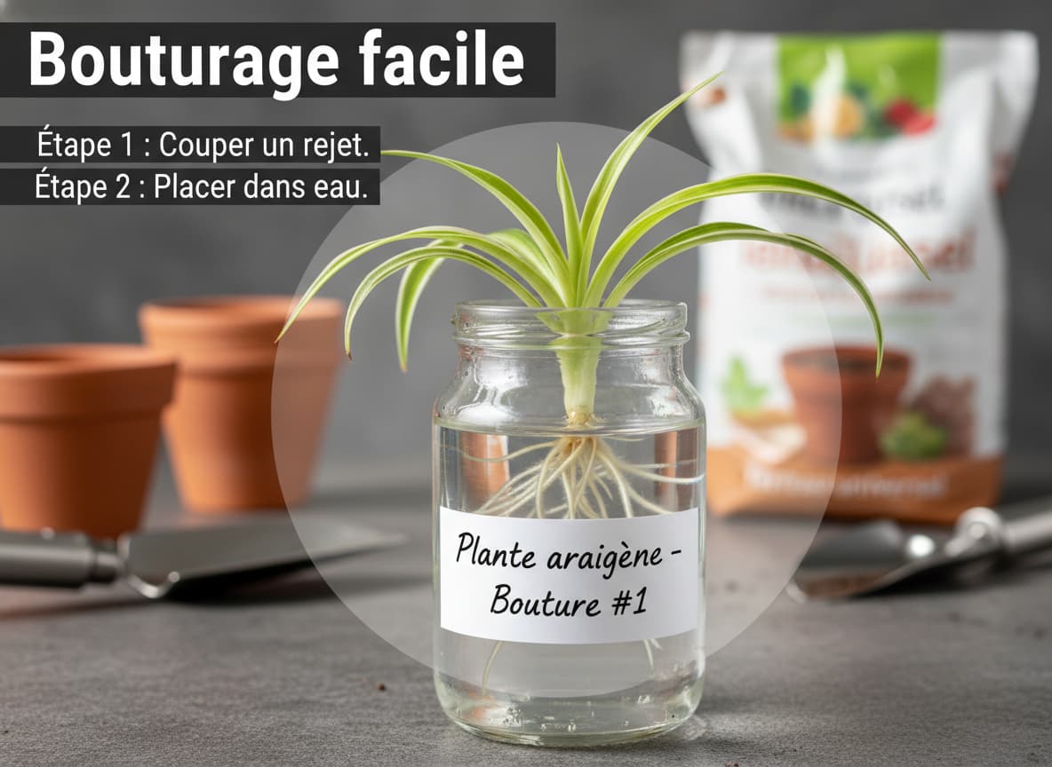 Plan rapproché d'un stolon de plante araignée en propagation dans un bocal en verre rempli d'eau, avec des racines blanches visibles et un fond flou d'outils de jardinage.
