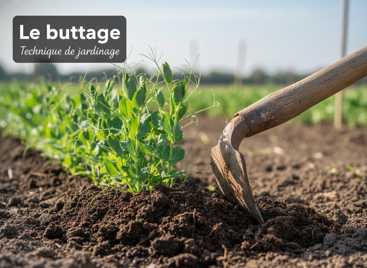 Jeunes plants de pois d'environ 15 cm de haut, une binette rassemble la terre autour des tiges pour former une butte, avec le texte 'Le buttage' en superposition sur fond sombre semi-transparent.