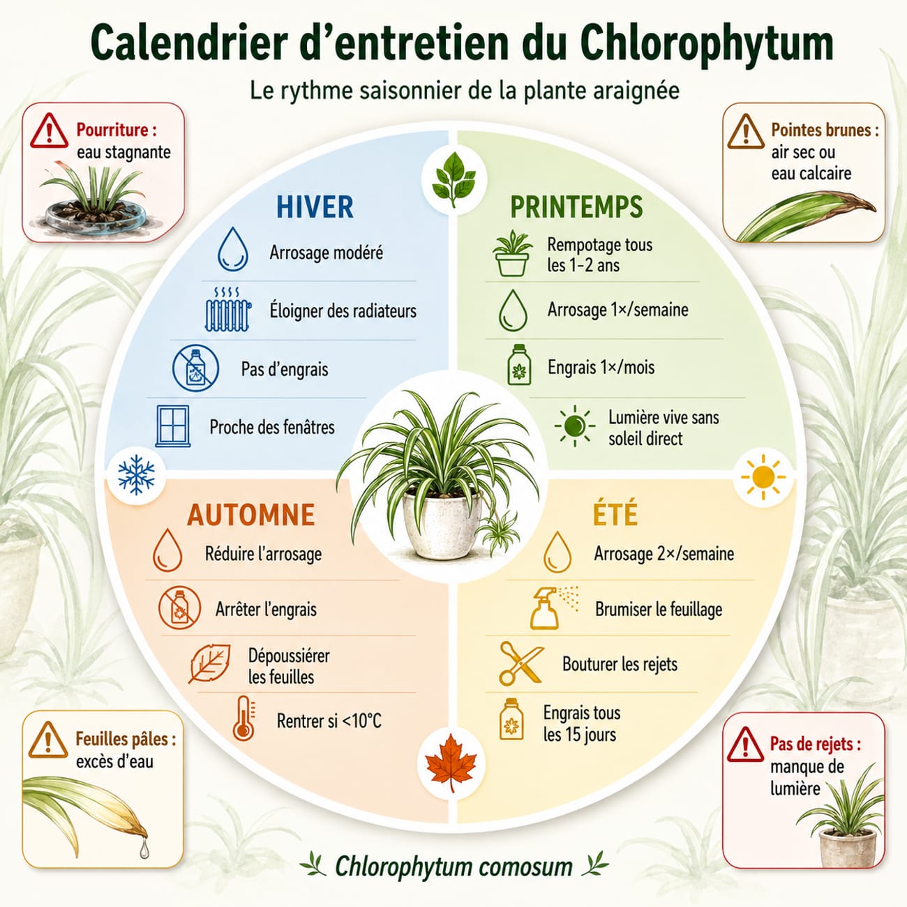 Infographie circulaire du calendrier d'entretien du Chlorophytum avec actions saisonnières, alertes de diagnostic et nom scientifique.