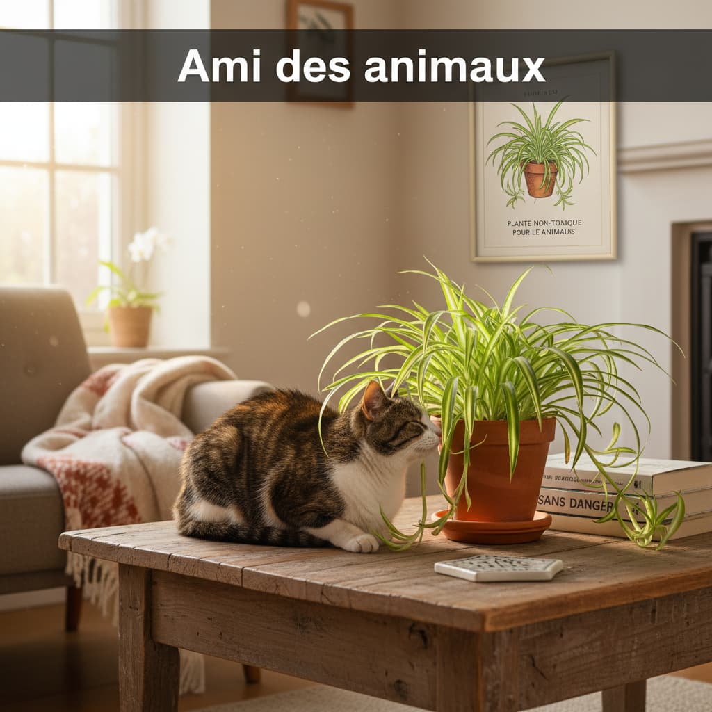Un chat domestique est assis à côté d'une grande plante araignée sur une table basse en bois, avec la lumière matinale filtrant par une fenêtre et un texte superposé 'Ami des animaux'.
