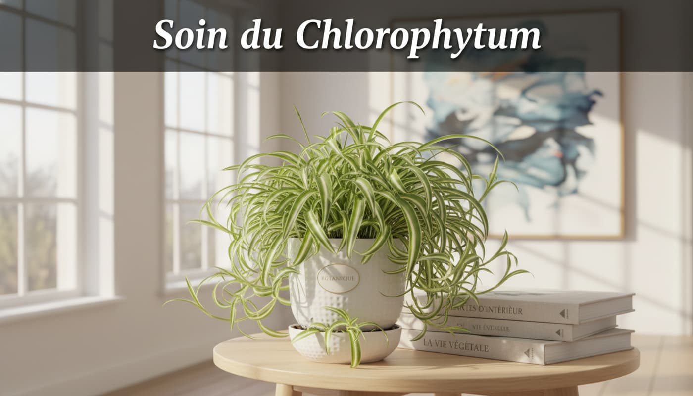 Un chlorophytum comosum aux longues feuilles panachées vert et blanc retombant d'un pot en céramique moderne dans une pièce lumineuse au style minimaliste.