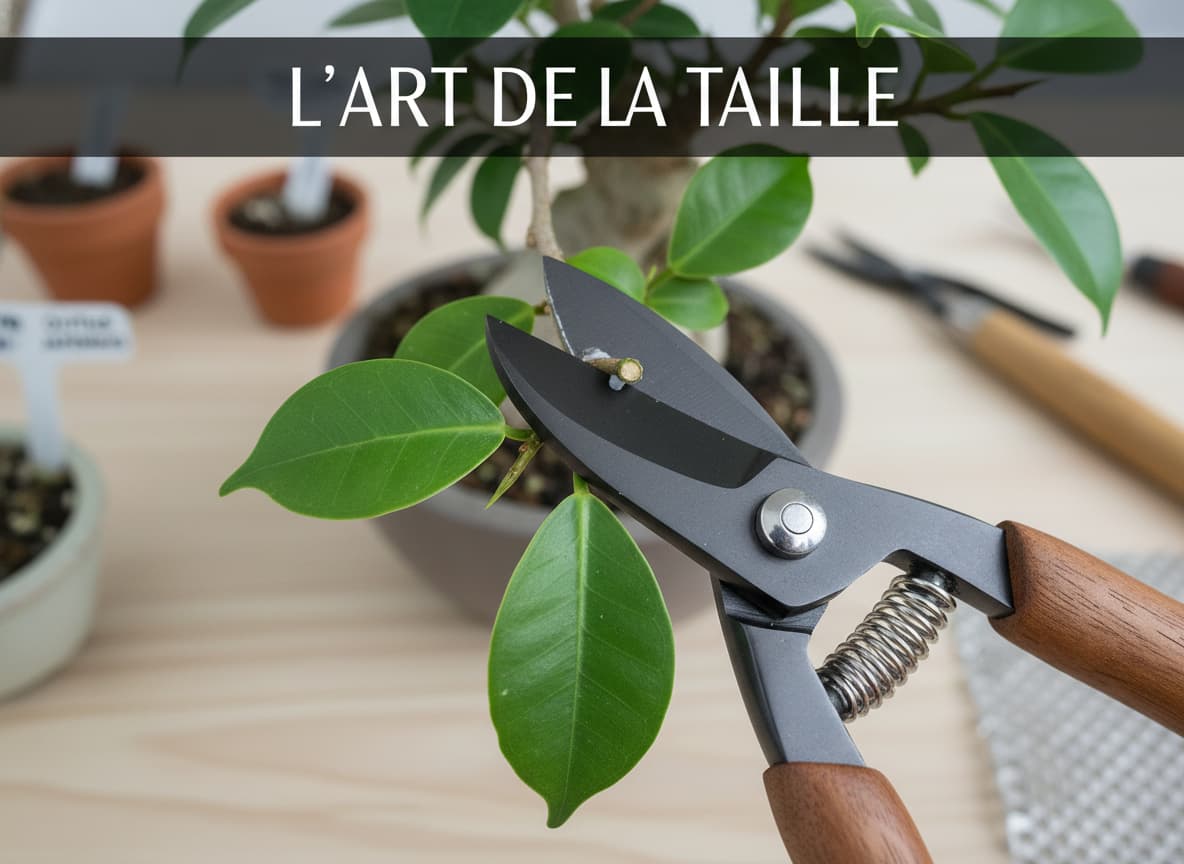Ciseaux de taille professionnels coupant une branche de ficus ginseng, avec de la sève blanche apparente, sur fond clair avec texte superposé 'L'ART DE LA TAILLE'.