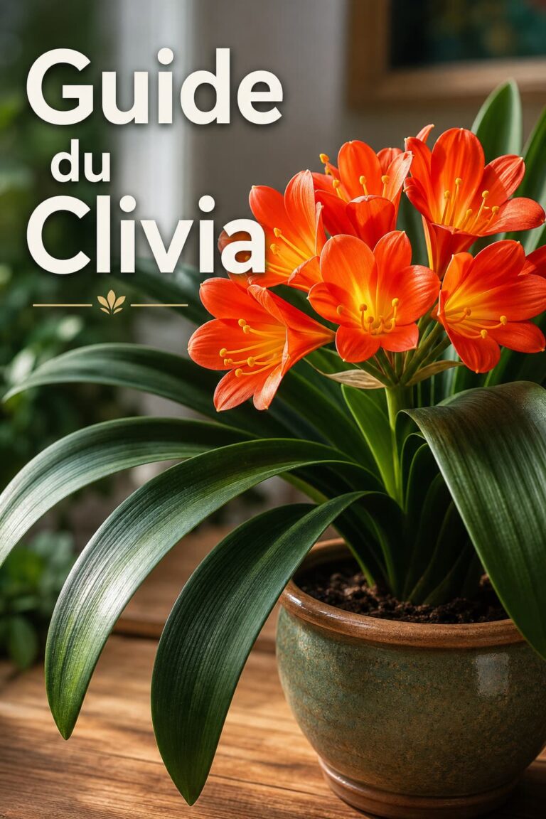 Gros plan sur une plante de clivia miniata aux fleurs orange et longues feuilles vertes dans un pot en céramique, avec le texte Guide du Clivia.