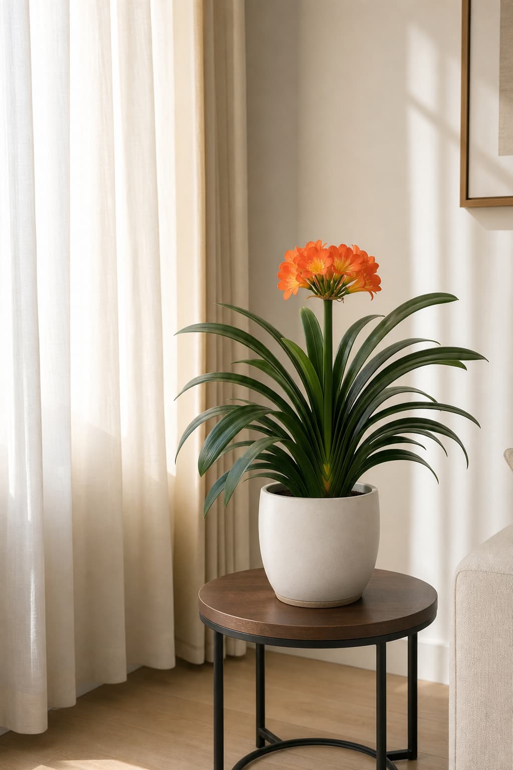 Un clivia en pleine santé posé sur une table basse moderne près d