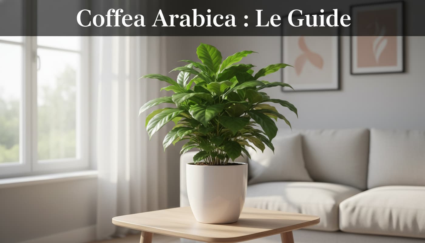 Un plant de Coffea arabica aux feuilles vert foncé brillant dans un pot en céramique blanche sur une table en bois, avec un texte superposé 'Coffea Arabica : Le Guide'.