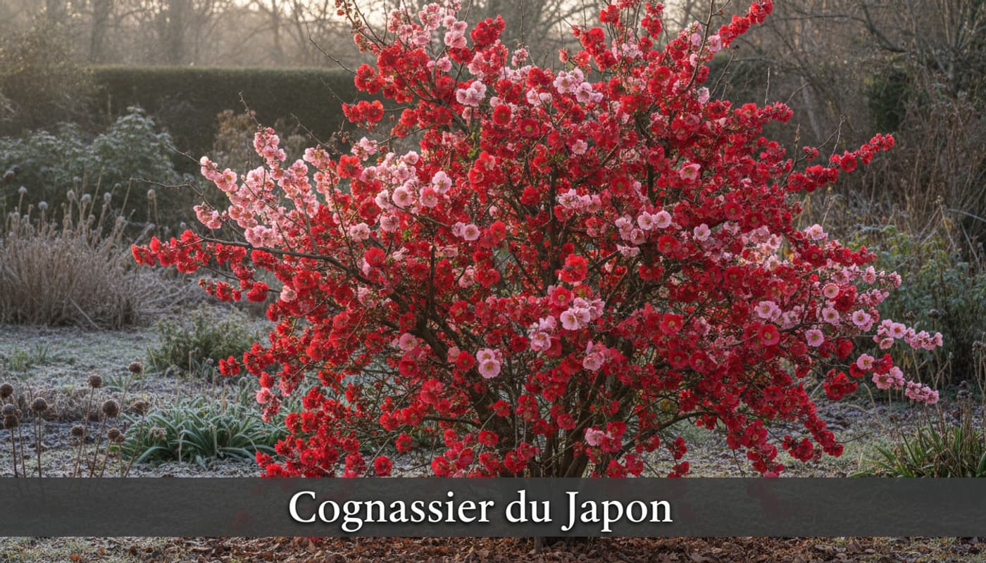 Arbuste en fleurs aux branches épineuses, parsemé de fleurs pourpres et roses, avec le texte 'Cognassier du Japon' superposé sur un fond sombre semi-transparent.