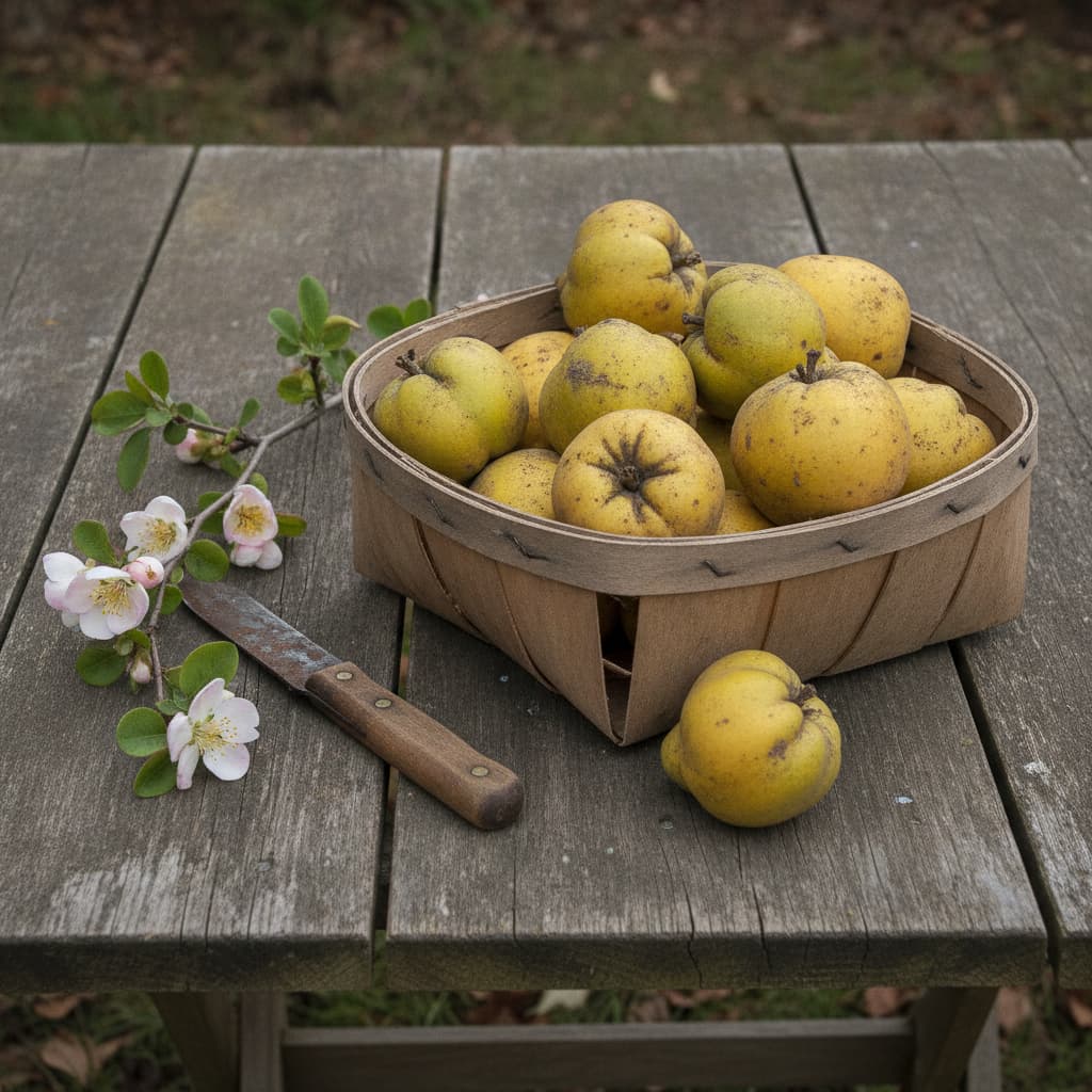 Fruits jaunâtres et bosselés de cognassier du Japon dans un panier en osier, accompagnés d'une branche fleurie et d'un couteau de jardinage, sur une table de jardin patinée.
