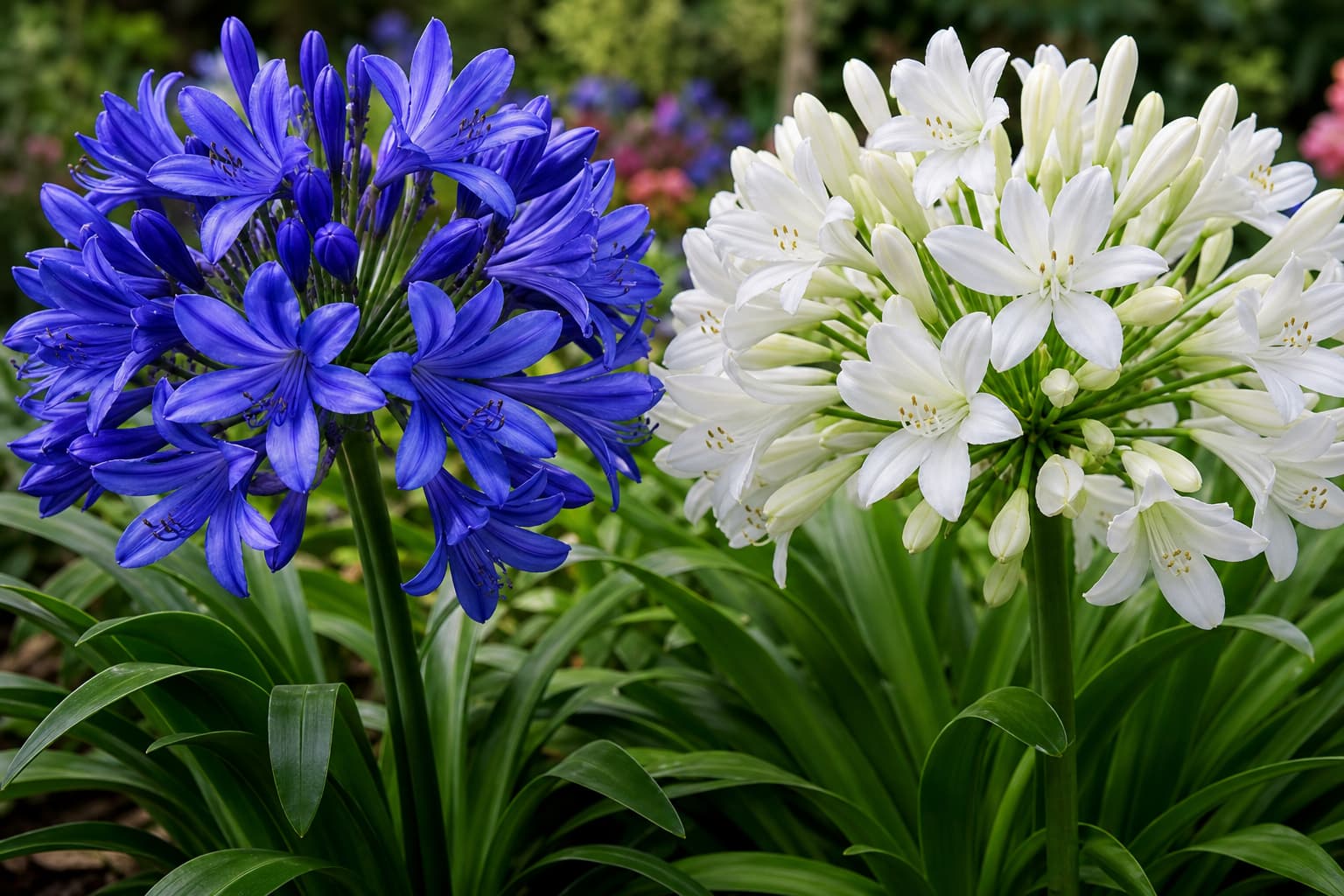 Deux agapanthes côte à côte, l’une bleu foncé et l’autre blanc pur, avec leurs ombelles sphériques et leurs feuilles vertes en lanières, mises en valeur par une lumière naturelle vive.
