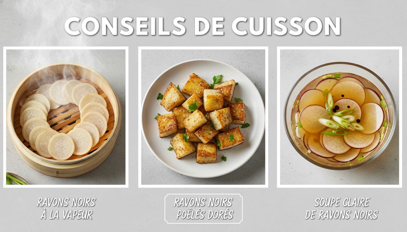 Trois préparations de radis noir : une portion cuite à la vapeur dans un panier en bambou, une autre poêlée jusqu'à coloration dorée, et une dernière dans un bol de bouillon clair, avec des étiquettes en français et un titre 'CONSEILS DE CUISSON' en superposition.