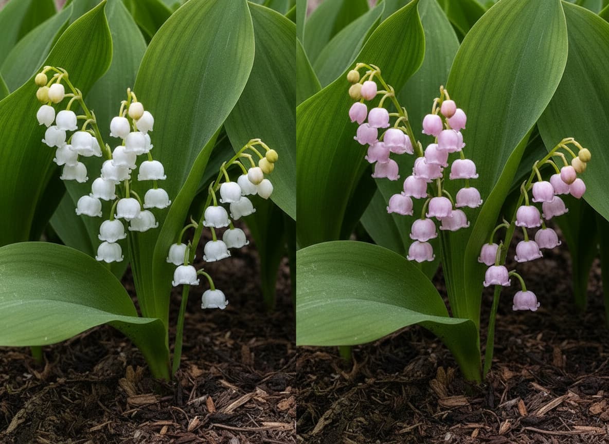 Gros plan botanique comparant deux variétés de muguet côte à côte, avec des fleurs blanches à gauche et des fleurs rose pâle à droite, plantées dans un terreau sombre.