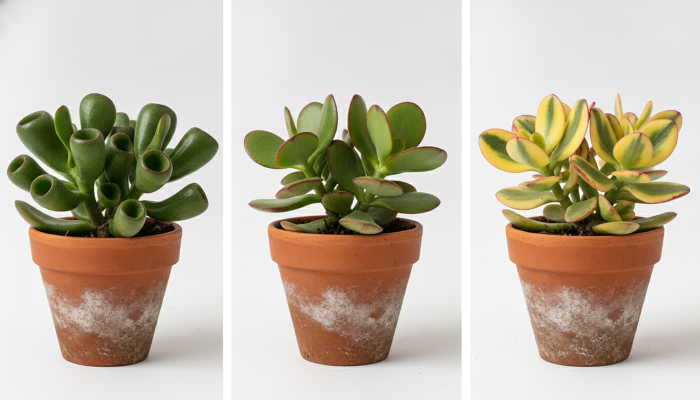 Comparaison de trois variétés de Crassula ovata en petits pots en terre cuite : Gollum aux feuilles tubulaires, classique aux feuilles plates ovales bordées de rouge et Sunset au feuillage panaché jaune et rose, sur fond blanc.