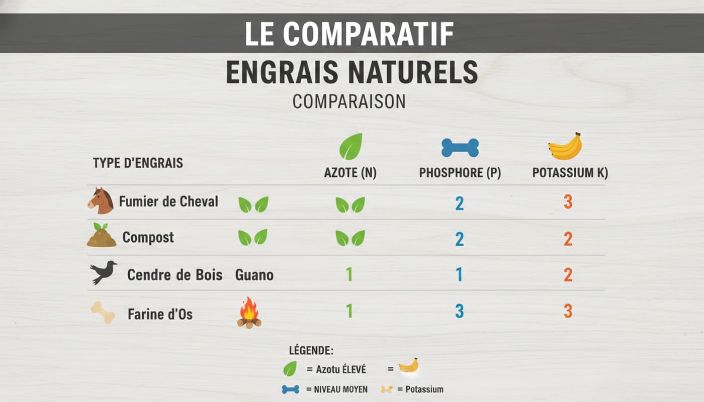 Infographie moderne comparant des engrais naturels avec des icônes d'azote, de phosphore et de potassium sur fond de bois clair, surmontée du titre 'LE COMPARATIF' en français.