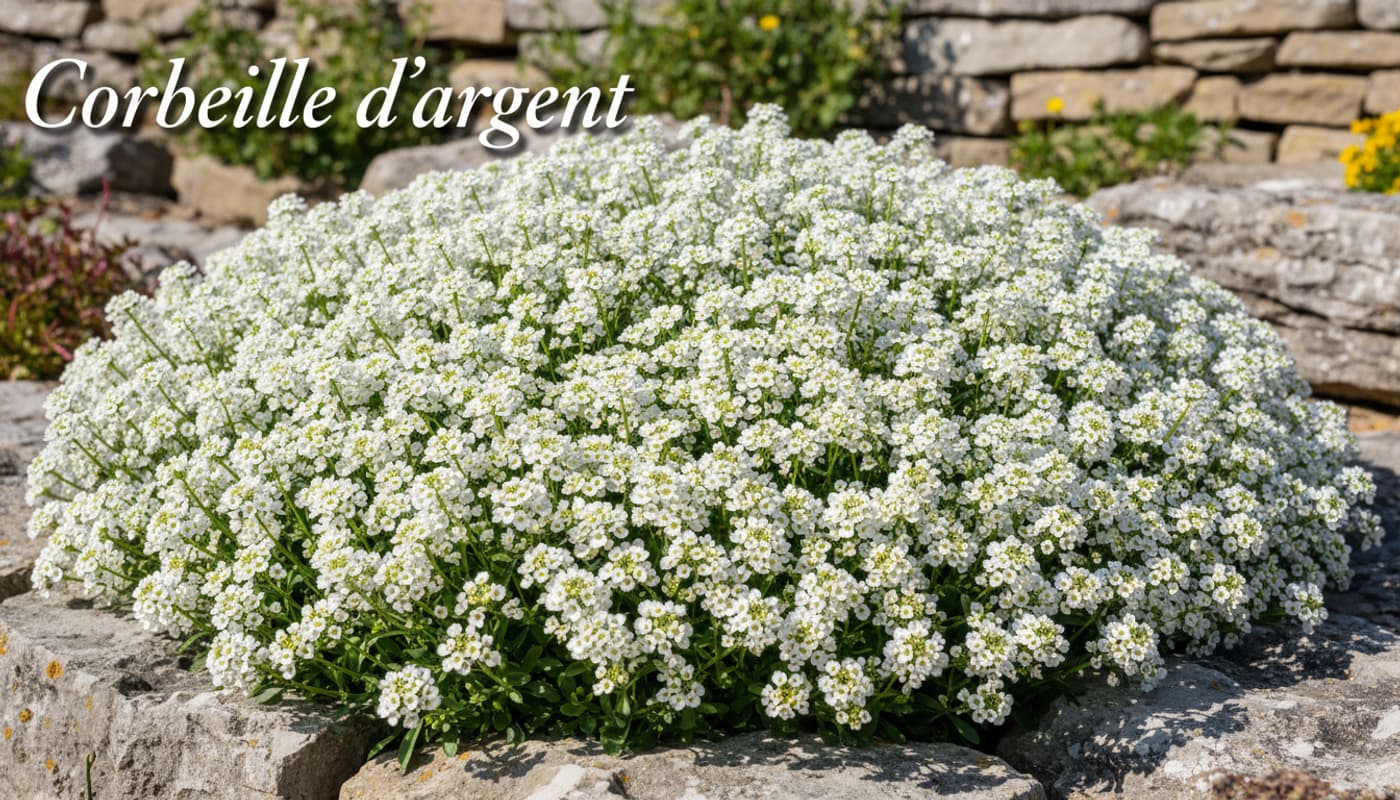 Un tapis dense d'Iberis sempervirens aux petites fleurs blanches et feuilles vert foncé s'épanouit entre des rochers calcaires sous une lumière naturelle vive avec l'inscription Corbeille d'argent.