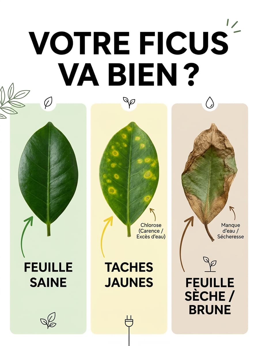 Une comparaison côte à côte présente une feuille saine de Ficus Ginseng à côté d'une feuille présentant des taches jaunes et d'une feuille desséchée, avec des flèches de diagnostic légendées en français et le titre 'VOTRE FICUS VA BIEN?' en haut.