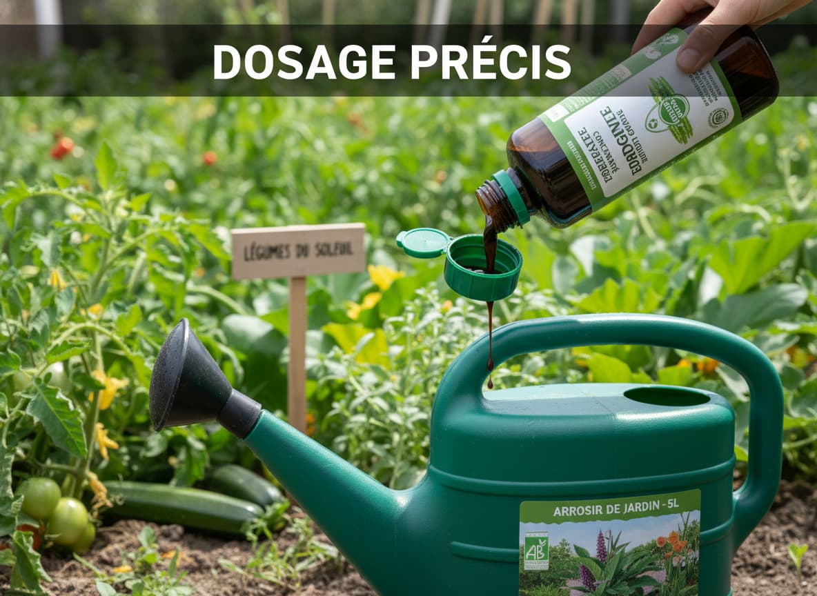 Concentré d'engrais liquide foncé versé dans un bouchon doseur vert d'arrosoir, avec un jardin potager verdoyant en arrière-plan et le texte 'DOSAGE PRÉCIS' superposé.