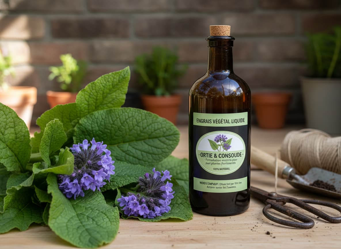 Grandes feuilles vertes texturées de consoude à côté d'une bouteille d'engrais végétal, avec de petites fleurs violettes de consoude sur un établi de jardin avec des outils.
