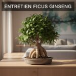 Un ficus ginseng aux racines aériennes épaisses posé sur un buffet en bois dans un salon lumineux, avec du texte superposé 'ENTRETIEN FICUS GINSENG'.