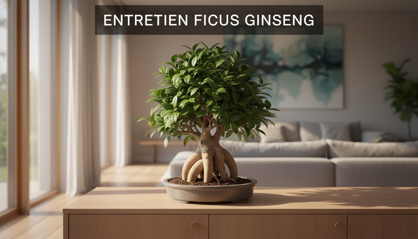 Un ficus ginseng aux racines aériennes épaisses posé sur un buffet en bois dans un salon lumineux, avec du texte superposé 'ENTRETIEN FICUS GINSENG'.