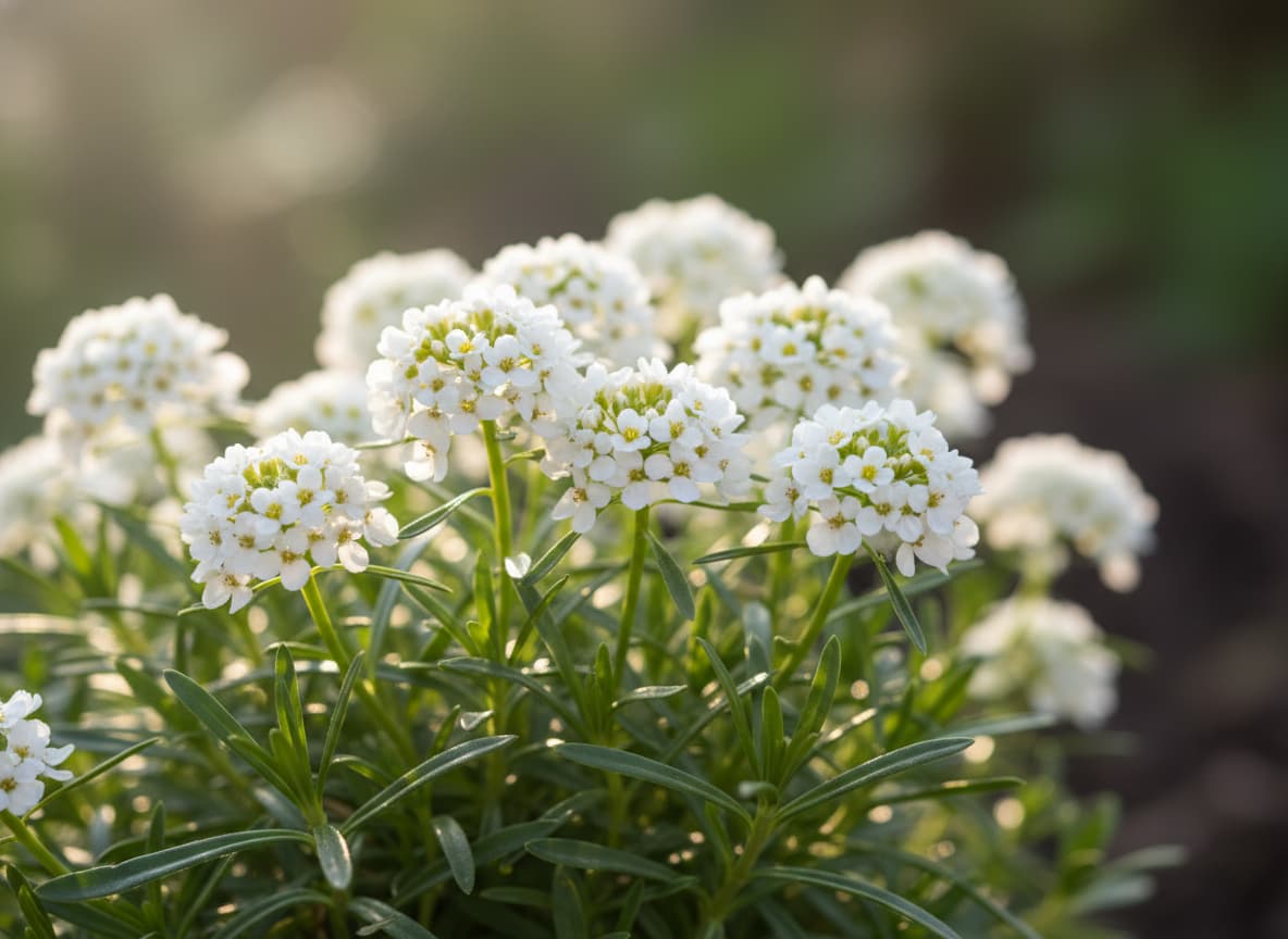 Gros plan sur les délicates ombelles blanches de la corbeille d'argent en pleine floraison, contrastant avec le feuillage persistant vert foncé, sous une lumière douce mettant en valeur les textures.