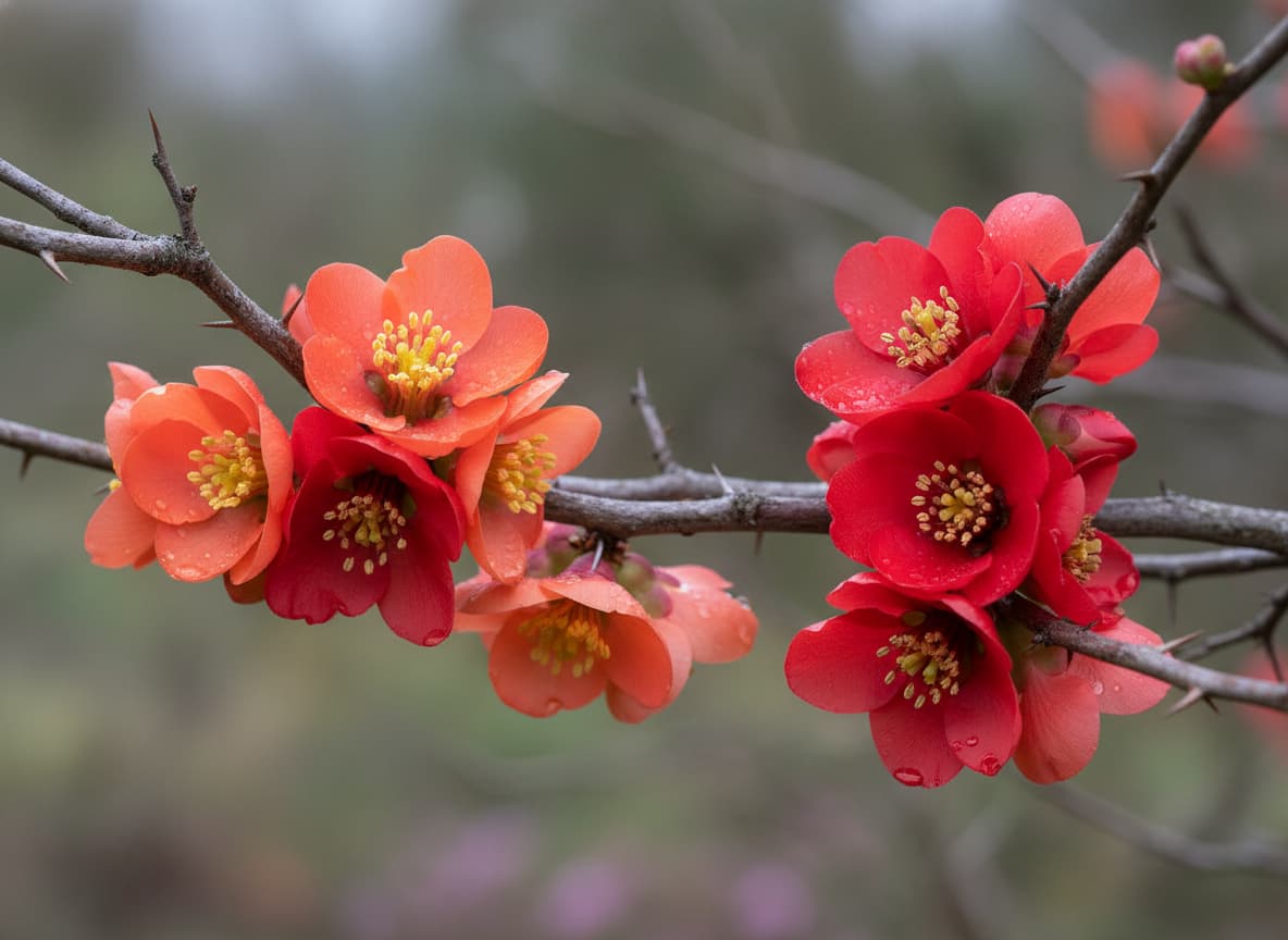 Gros plan macro de fleurs de cognassier du Japon éclatantes orange et rouges à étamines dorées sur des branches sombres et épineuses, fond de jardin flou
