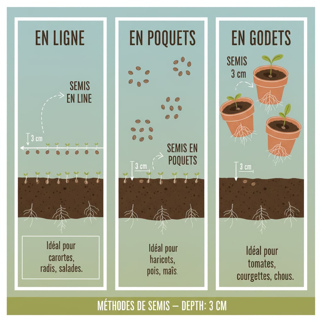 Infographie éducative présentant trois méthodes de semis de petits pois avec coupe du sol montrant la profondeur de 3 cm pour les graines.
