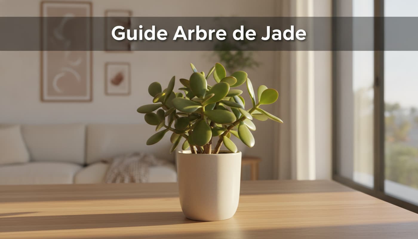 Jade plant with thick glossy jade-green leaves on a modern wooden desk near a sunlit window, warm morning light, soft blurred living room background, with overlaid text 'Guide Arbre de Jade'.