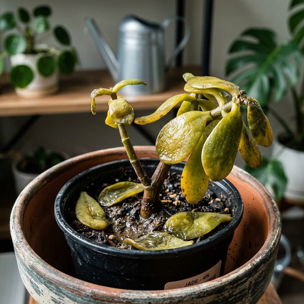 Gros plan d'une plante de jade montrant des feuilles jaunies, translucides et ramollies par un excès d'eau, avec un terreau sombre et humide visible dans un pot de pépinière.