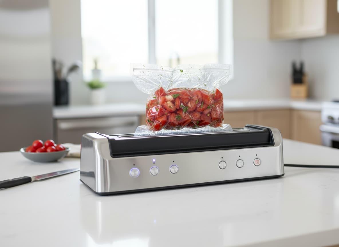 Une machine sous-vide argentée finit de sceller un sac transparent rempli de tomates fraîches hachées, dans une cuisine minimaliste.