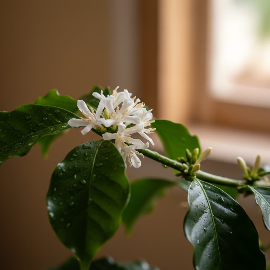 Fleurs blanches étoilées aux étamines visibles sur une branche de caféier aux feuilles vertes brillantes, éclairées par une lumière douce.