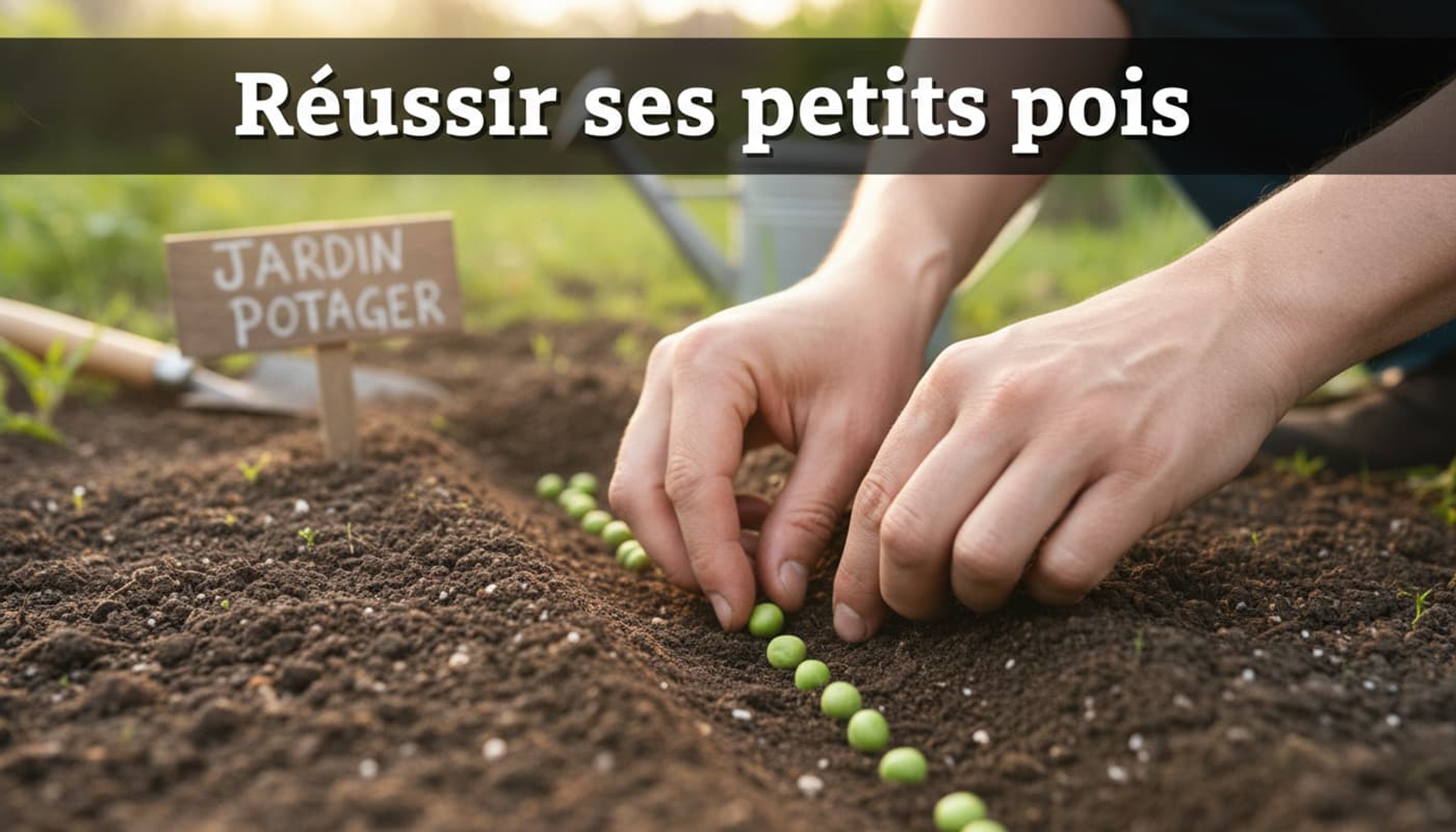 Un jardinier dépose délicatement des graines de petits pois dans un sillon de terre fertile, éclairé par la lumière matinale, avec un panneau en bois à l'arrière-plan.