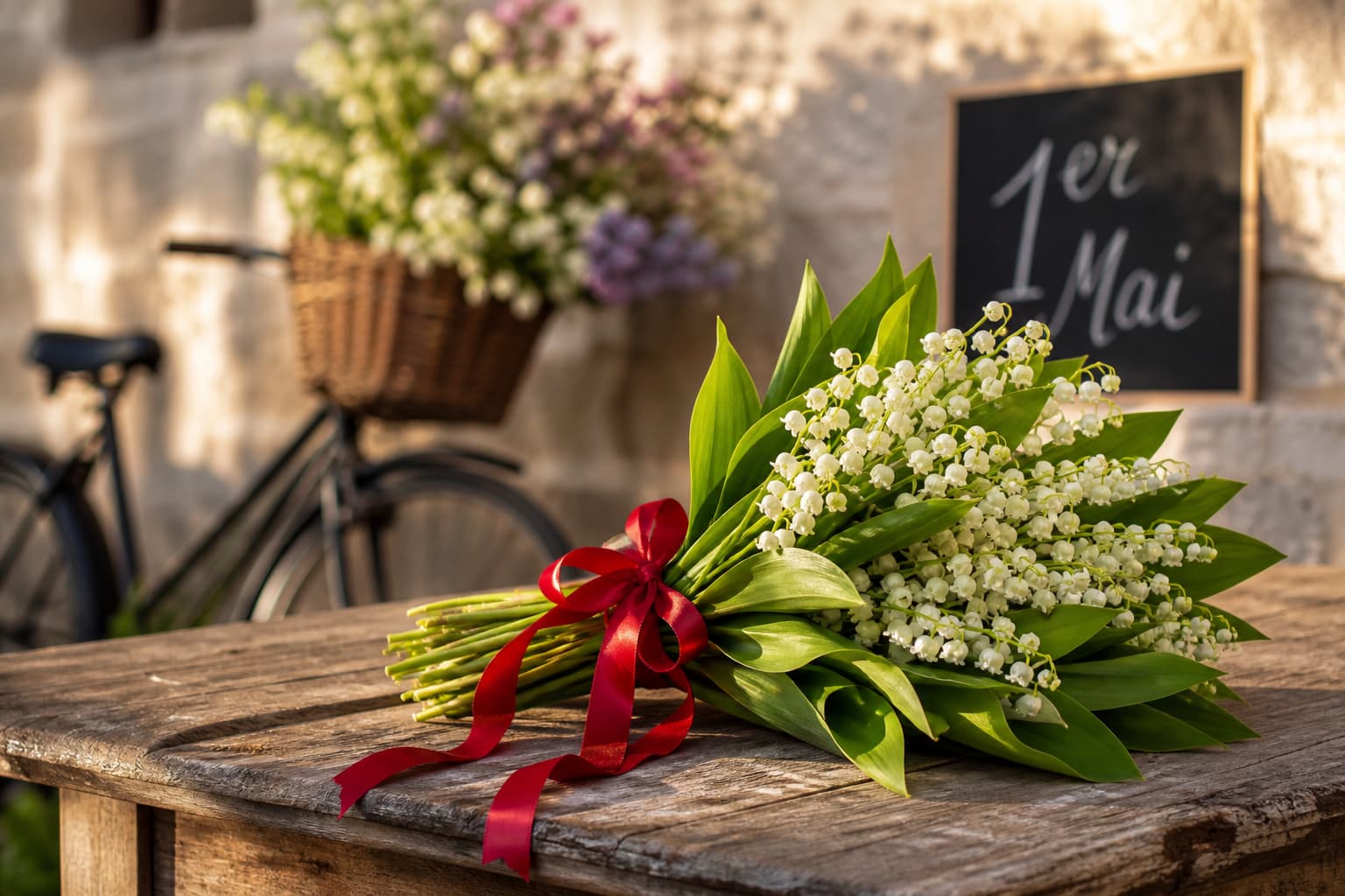 Bouquet de muguet traditionnel du 1er mai noué avec un ruban rouge vif, posé sur une table en bois rustique, avec en arrière-plan flou un panier de vélo ancien et des fleurs printanières.