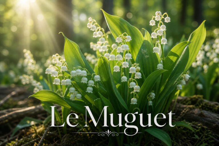 Un cluster de muguet en fleurs présentant de délicates clochettes blanches et un feuillage vert luxuriant, poussant dans un sous-bois ombragé avec une douce lumière matinale filtrant à travers les arbres, et le texte 'Le Muguet' surimposé.