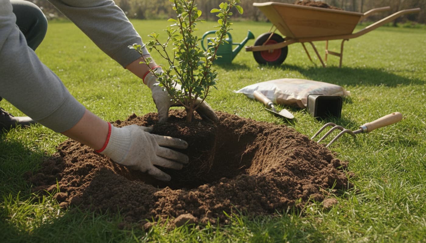 Des mains déposent délicatement la motte d'un jeune cognassier du Japon dans un trou de terre meuble enrichie de compost sombre au milieu d'un jardin printanier.