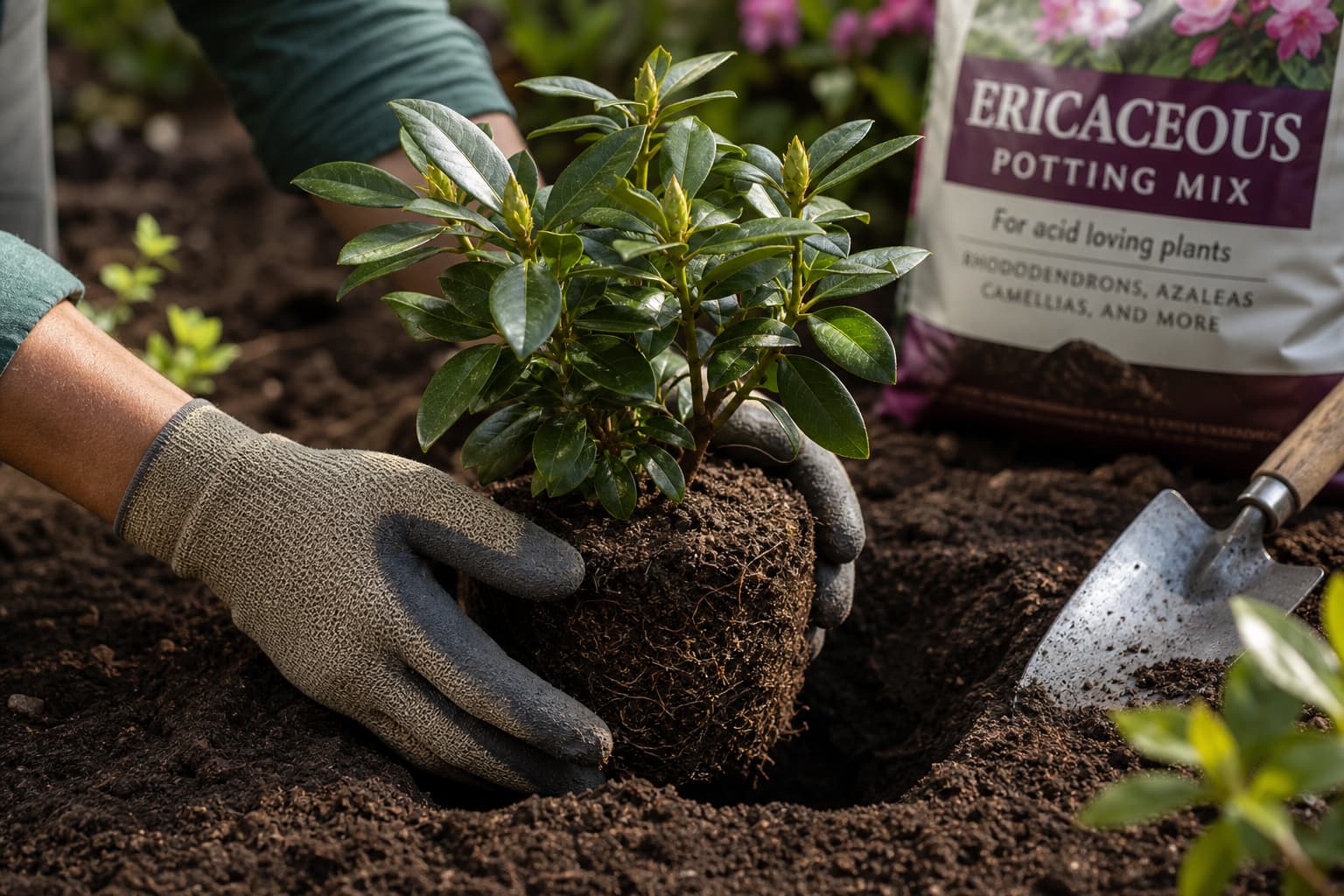 Gros plan sur des mains gantées plantant un jeune rhododendron dans un sol sombre, avec un sac de terreau acide et une truelle visibles en arrière-plan flou.