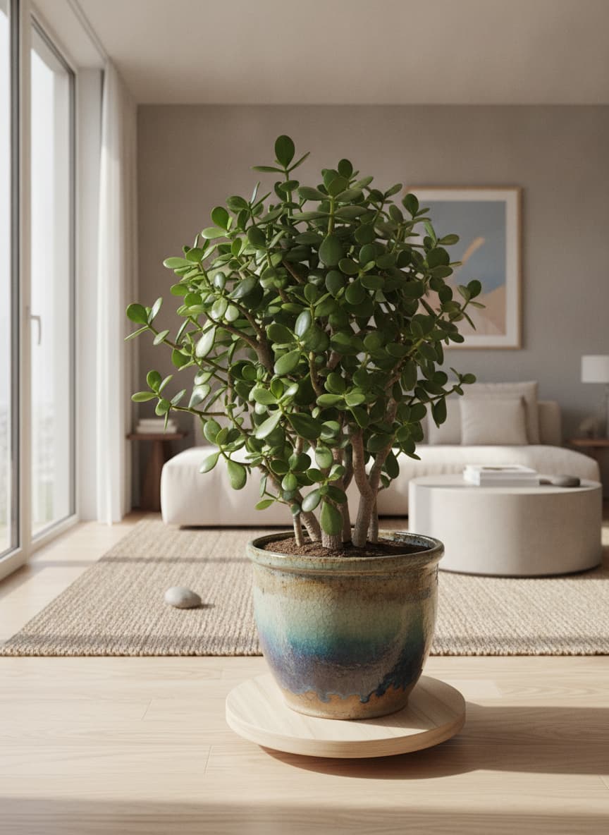 Grande plante de jade aux feuilles luxuriantes dans un pot en céramique, éclairée par la lumière du soleil près d'une fenêtre dans un salon moderne au décor zen.