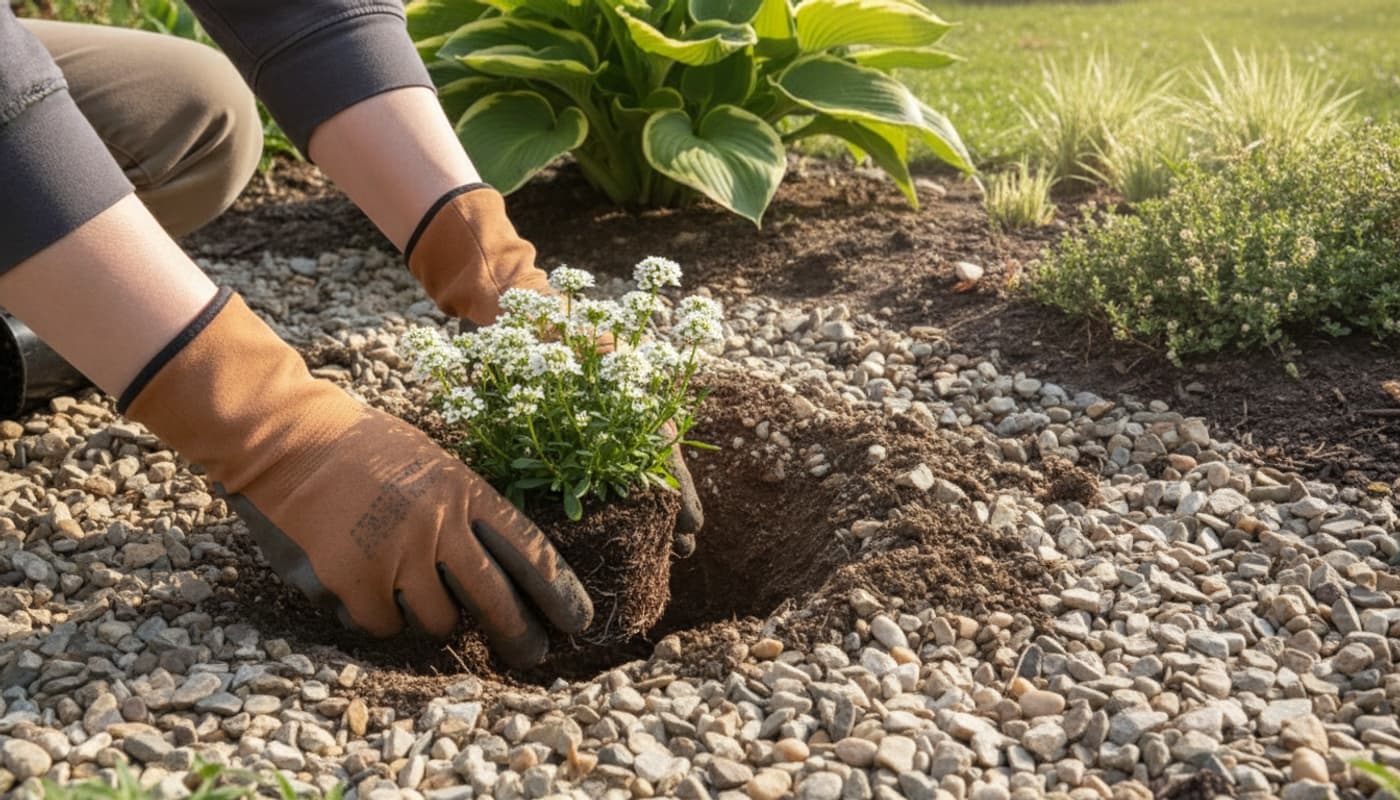 Des mains gantées installent délicatement un plant de corbeille d'argent dans une terre rocailleuse et ensoleillée bordée de graviers.