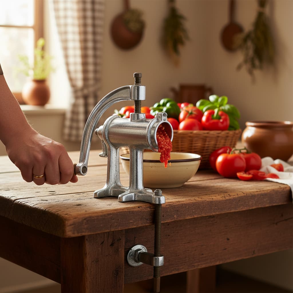 Main tournant la manivelle d'un presse-tomates manuel en métal fixé sur une table en bois, avec des tomates mûres dans un bol à côté.