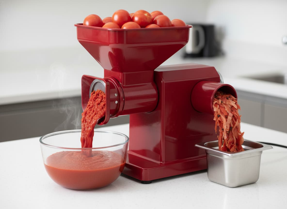 Un presse-tomates électrique rouge Reber en action sur un plan de travail, avec de la pulpe de tomate fraîche s'écoulant dans un bol et les peaux et graines séparées.