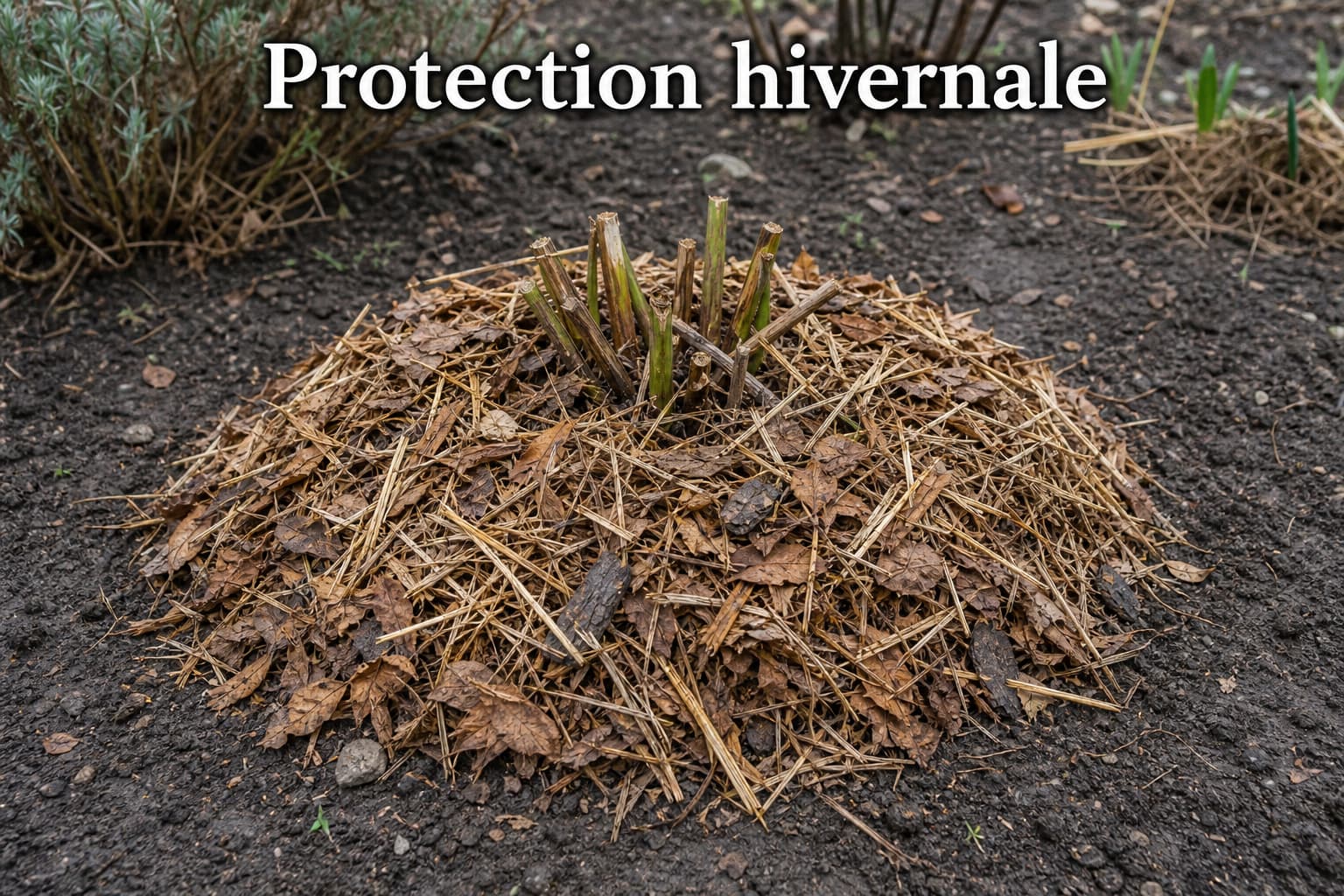 Une agapanthe en pleine terre protégée par un épais paillis de feuilles, paille et écorces autour de la couronne, avec le texte