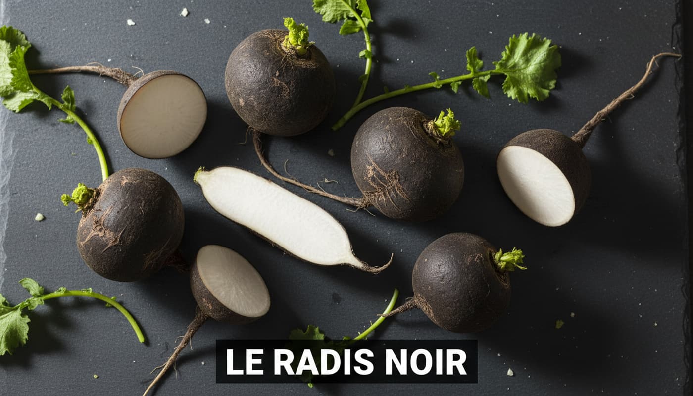 Gros plan de radis noirs entiers et tranchés sur une ardoise sombre avec des feuilles vertes.