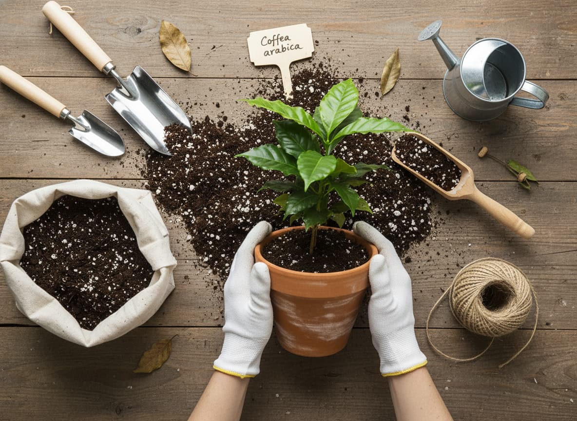 Vue du dessus d'un rempotage : mains gantées replaçant un jeune caféier dans un pot en terre cuite, terreau sombre et perlite blanche visibles, outillage disposé sur fond bois rustique.