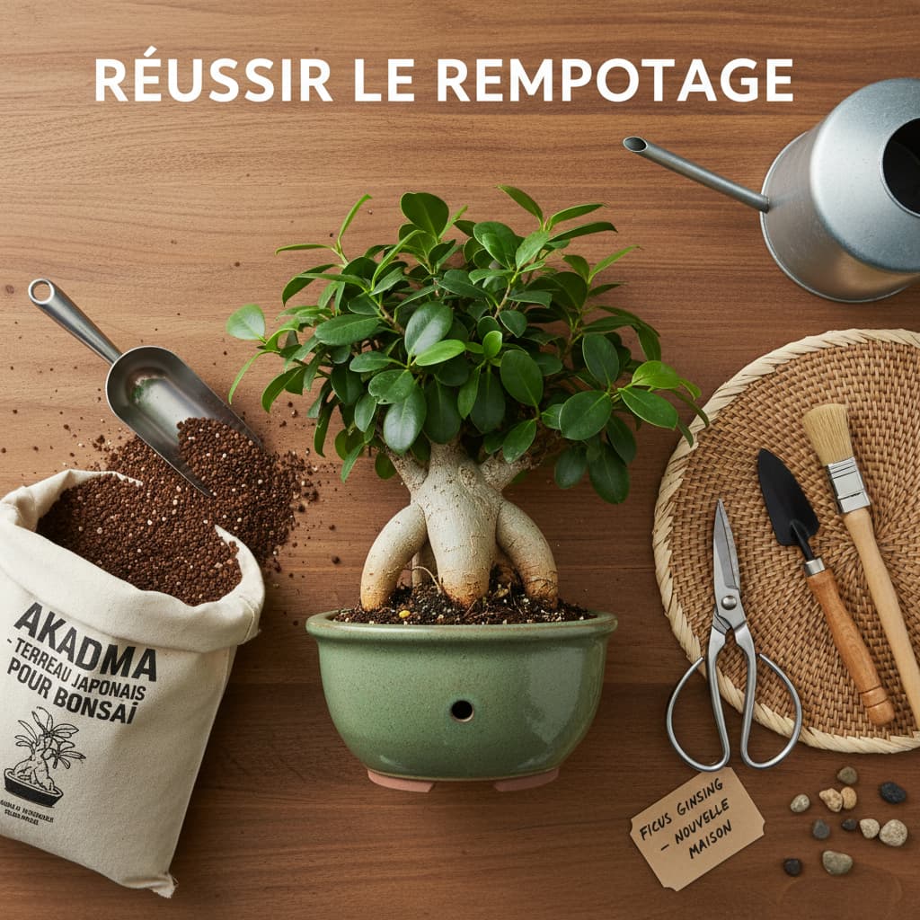 Disposition à plat d'une station de rempotage pour un Ficus Ginseng comprenant un sac d'akadama, un pot en céramique, des petits outils de jardinage et la plante prête à être déplacée, avec le texte 'RÉUSSIR LE REMPOTAGE'.