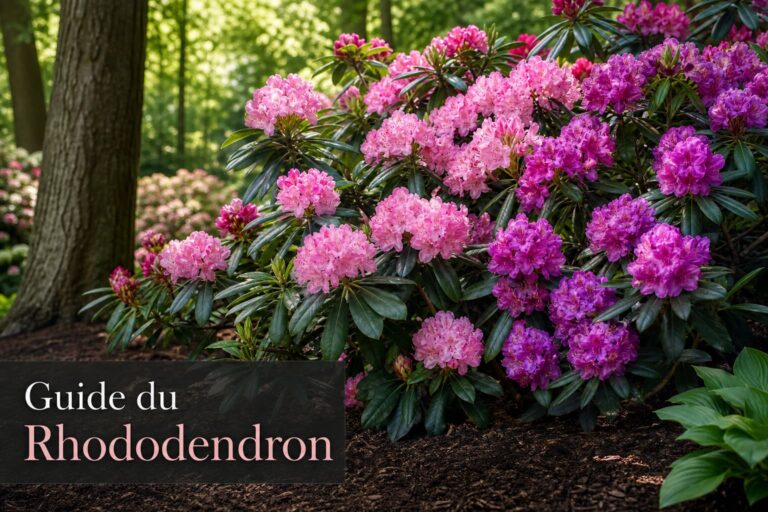 Buisson de rhododendron en pleine floraison avec des fleurs roses et pourpres dans un jardin ombragé, lumière du matin filtrant à travers la canopée, paillis organique foncé au sol, texte superposé 'Guide du Rhododendron' en bas à gauche.